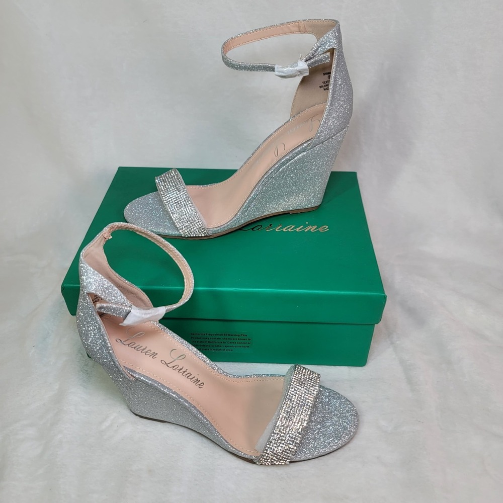 Lauren Lorraine Shimmer Silver Rhinestone High Heel Wedge Sandals Size 8 NIB $99